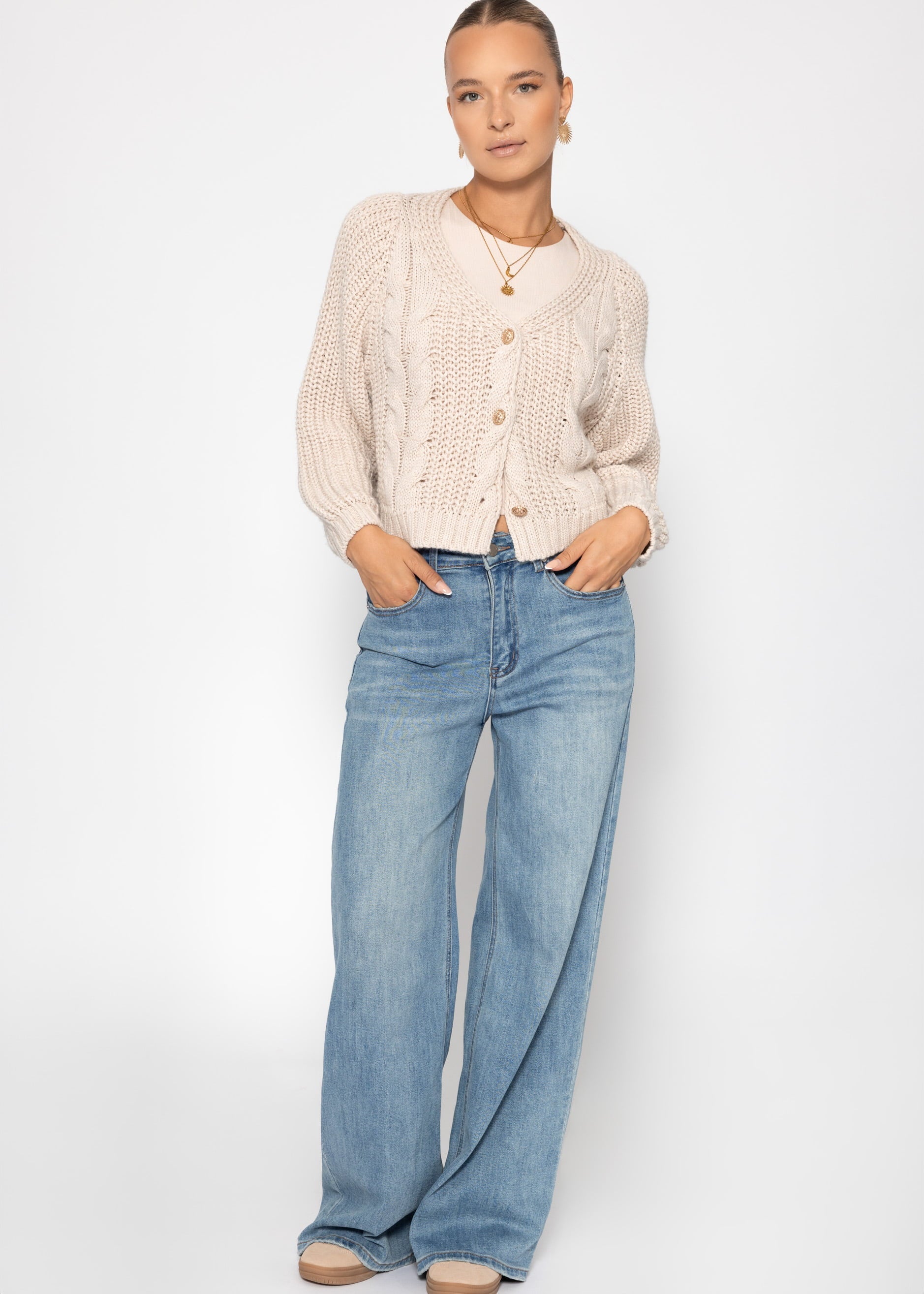 Zopfstrick -cardigan mit knopfleiste - beige