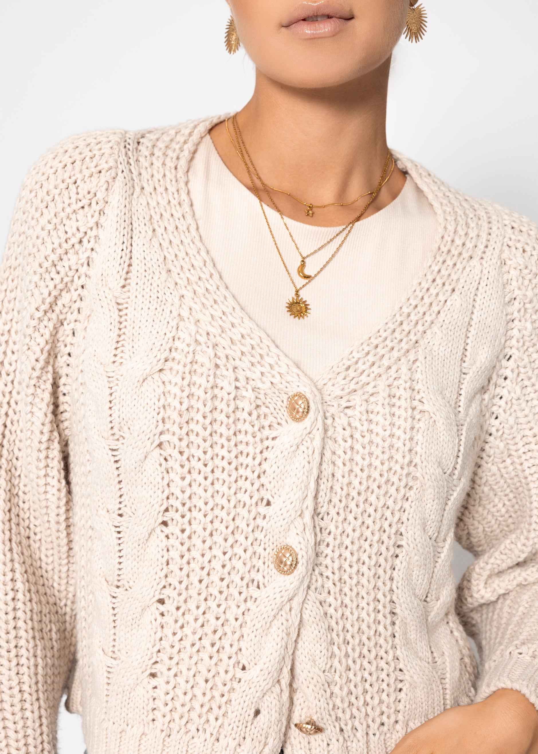 Zopfstrick -cardigan mit knopfleiste - beige