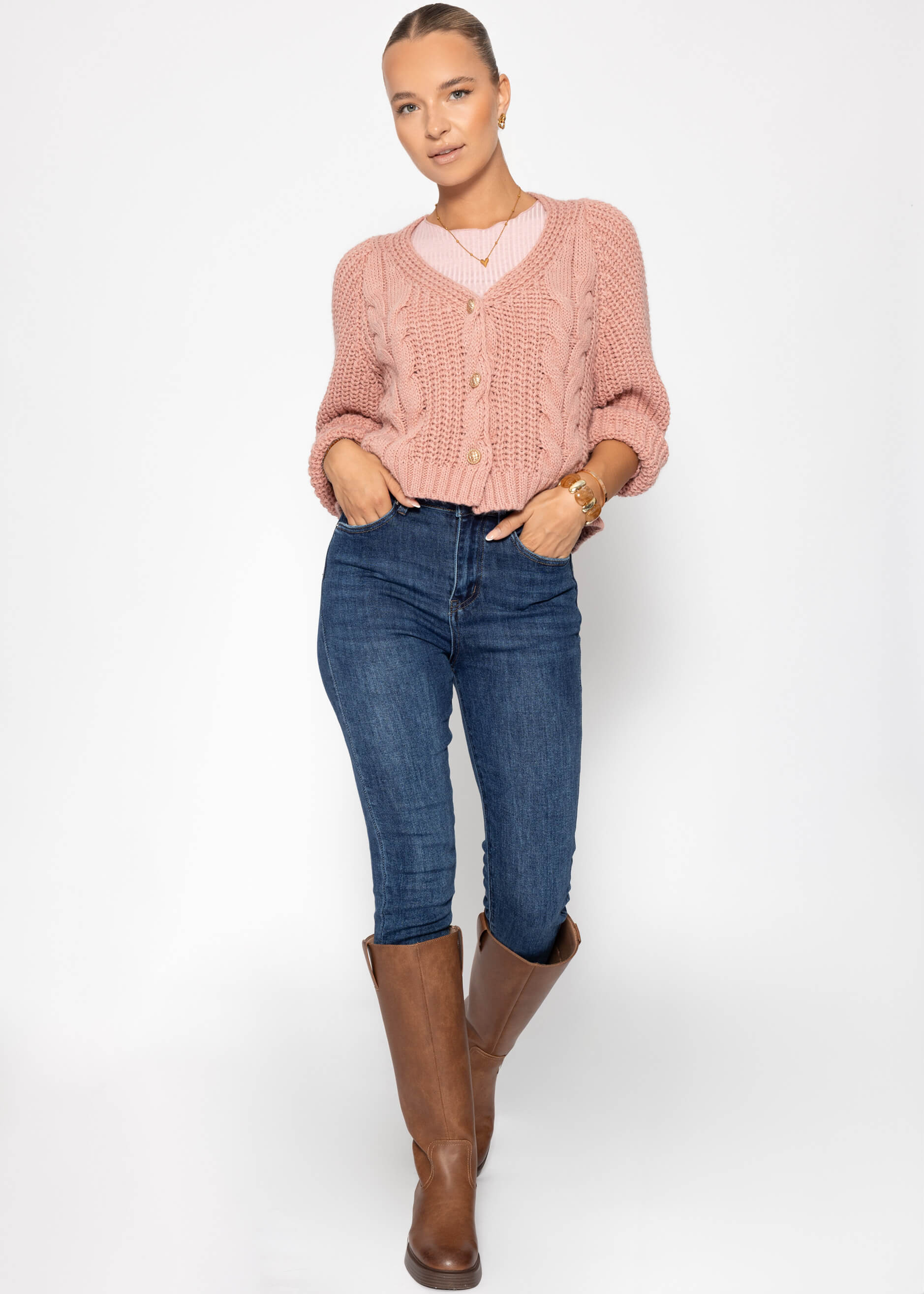 Zopfstrick-Cardigan Mit Knapfleiste - Rosa