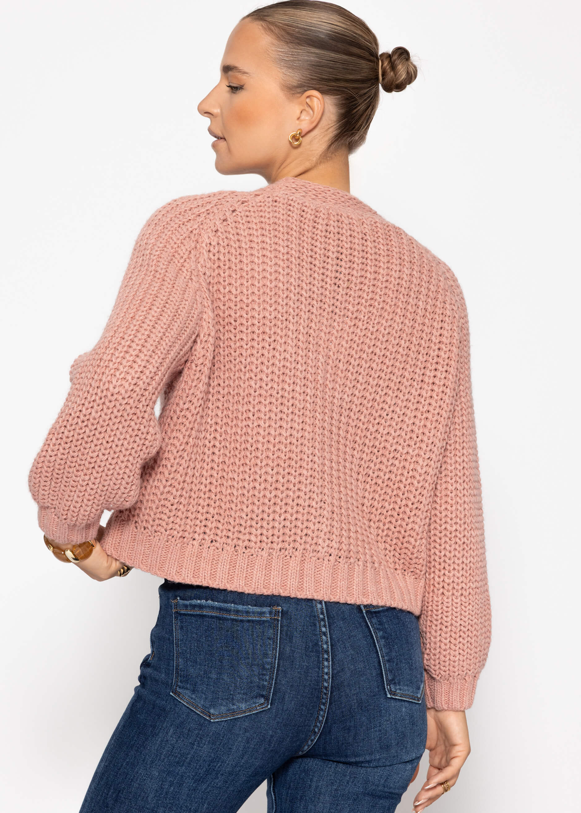 Zopfstrick-Cardigan Mit Knapfleiste - Rosa