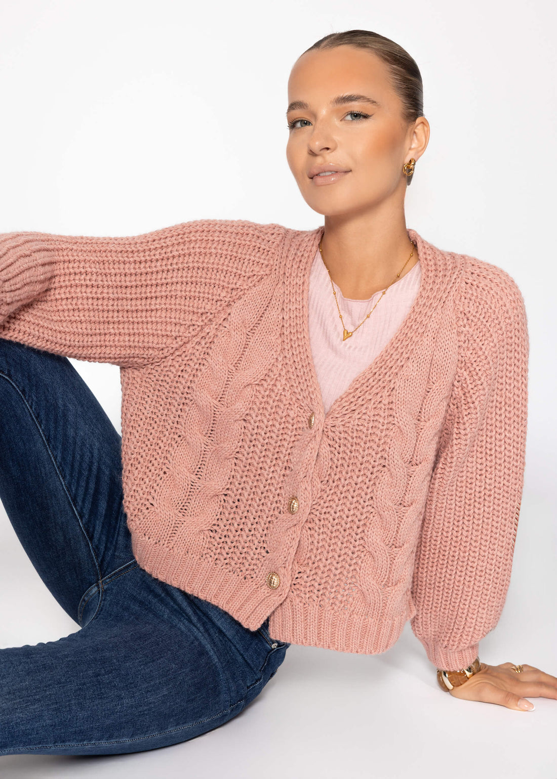 Zopfstrick -Cardigan Mit Knopfleiste - Rosa