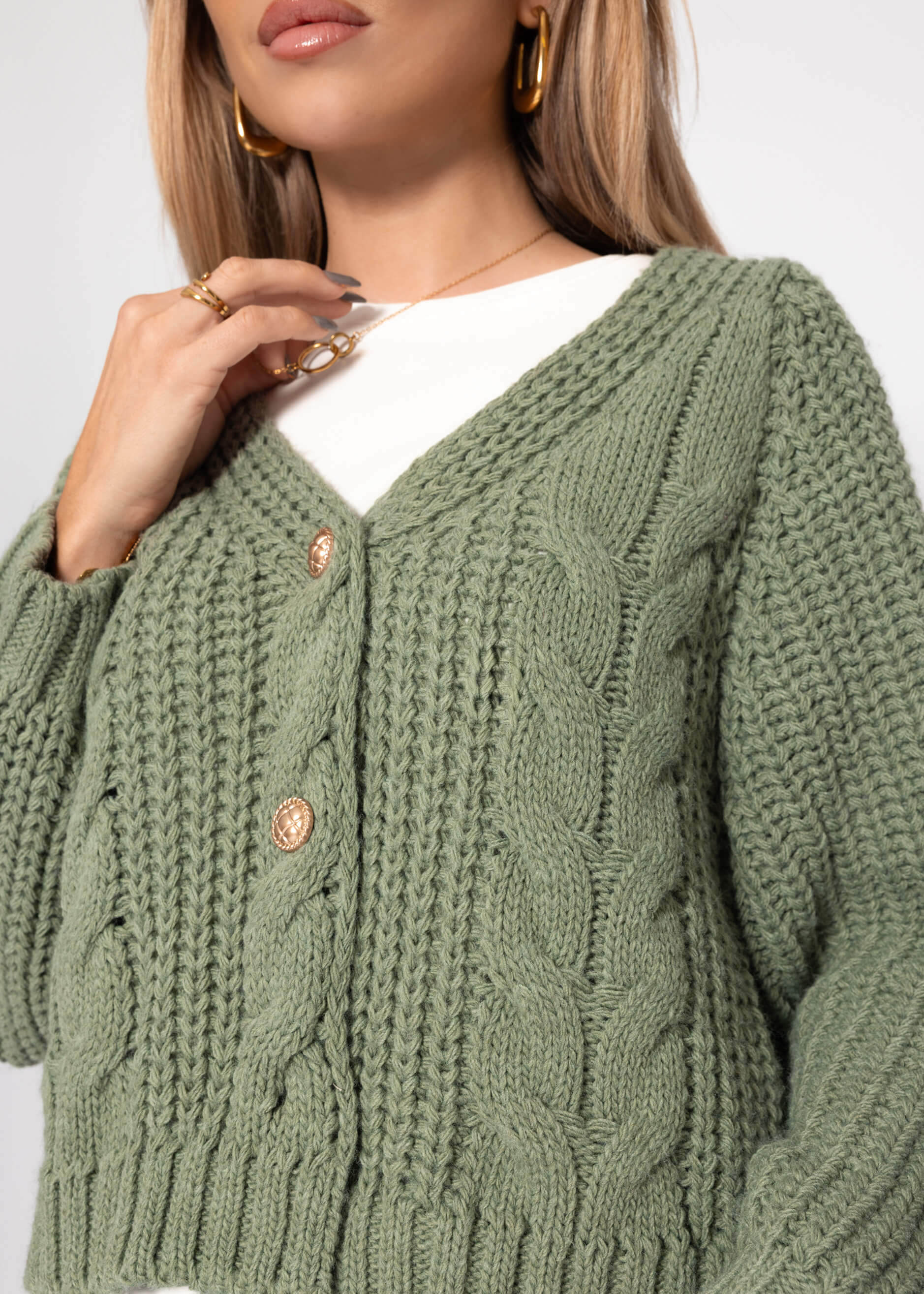 Zopfstrick -Cardigan Mit Knopfleiste - Salbeigrün